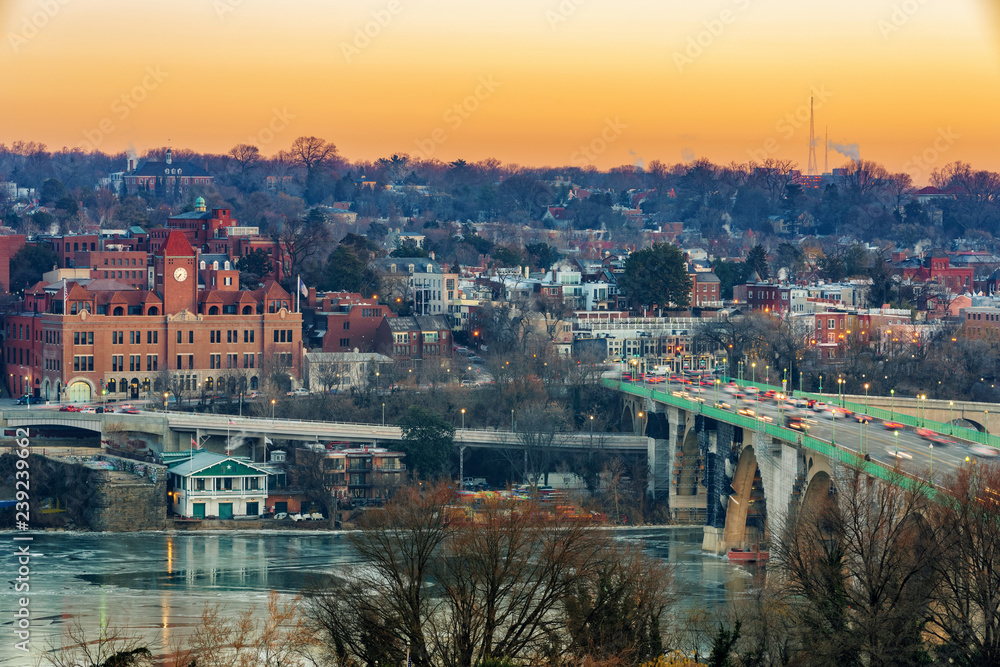 Traffic on Key bridge and potomac river at winter morning, Washington DC, USA