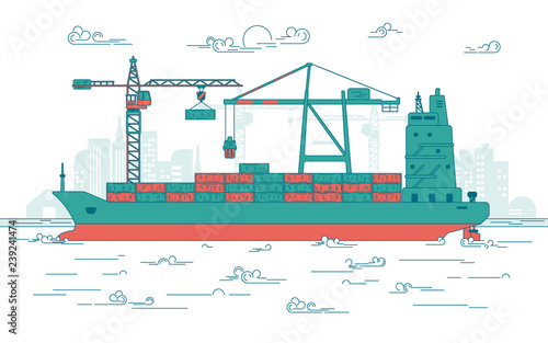 concept of global transportation, graphic of cargo port with operating equipment, vector of crane loading on industrial ship