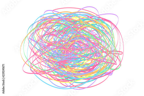 Colorful tangled on white. Chaos pattern. Scribble sketch. Bright background with array of lines. Intricate chaotic texture. Art creation. Print for polygraphy, posters and t-shirts