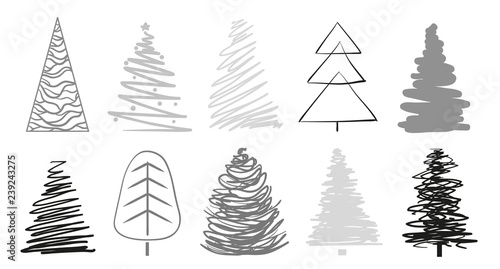 Christmas trees on white. Set for icons on isolated background. Geometric art. Objects for polygraphy, posters, t-shirts and textiles. Black and white illustration