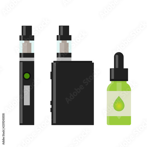 Vaping device and accessory. Electronic cigarette and bottles with vape liquid. e- liquid, e-juice. Isolated vector illustration on white background.