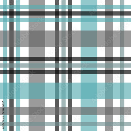 Seamless tartan plaid pattern. Checkered fabric texture print in stripes of bright blue, teal black, teal blue and white.