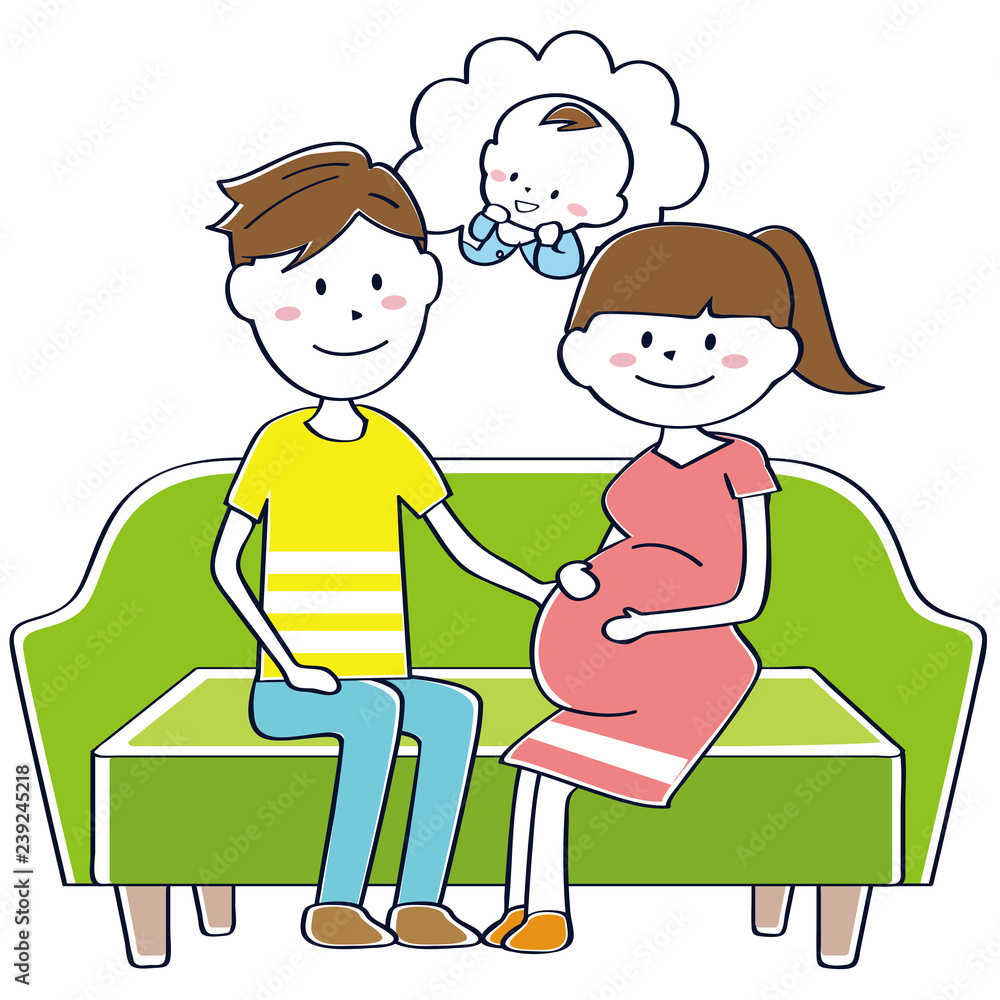 ポニーテールの妊婦と旦那さん ソファに座って男の子の赤ちゃんを想像 Stock Vector Adobe Stock