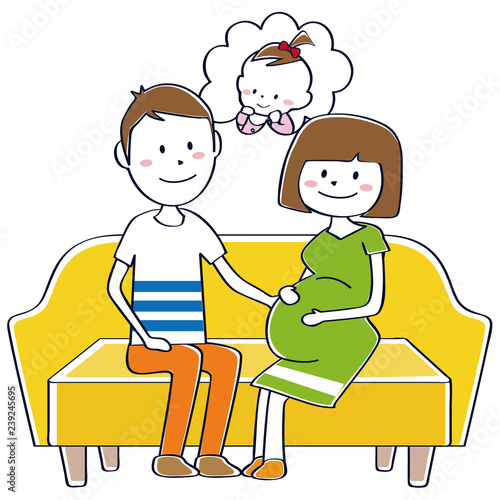 おかっぱの妊婦と旦那さん　ソファに座って女の子の赤ちゃんを想像