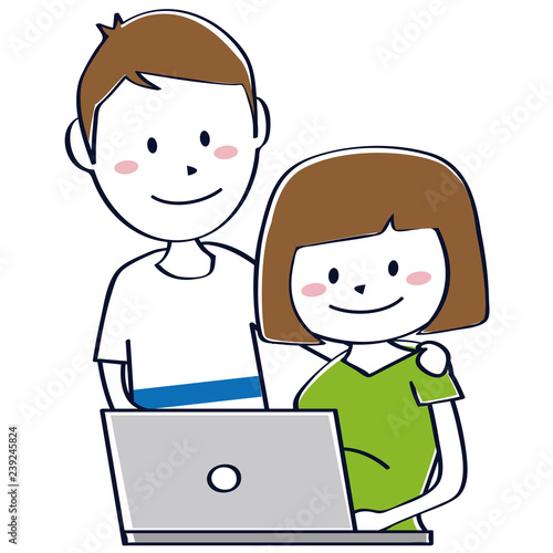 おかっぱの妊婦を気遣う旦那さん　一緒にインターネット検索