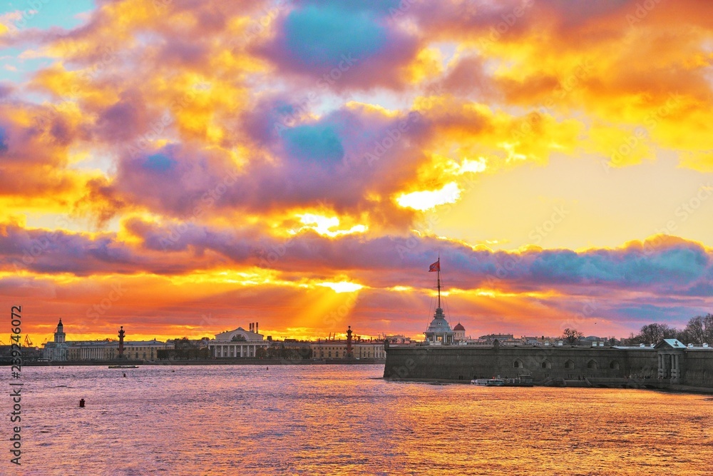 Panorama of St. Petersburg. Night View of the Peter and Paul Fortress. Sunset on Neva river. Zayachy Island. Saint Petersburg. russia