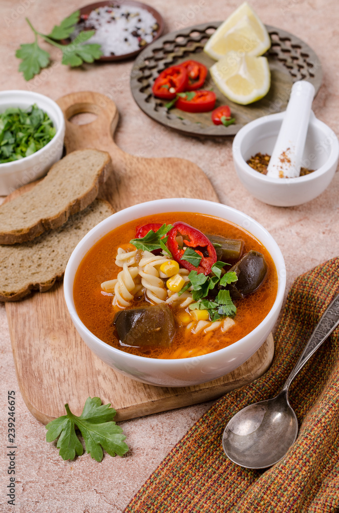Thick red soup with pasta Thick red soup with pasta