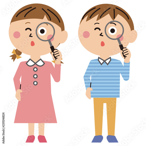 ポップな家族　男の子と女の子　感心と虫眼鏡