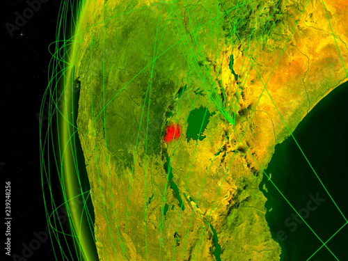 Rwanda from space on digital model of Earth with international networks. Concept of digital communication or travel.