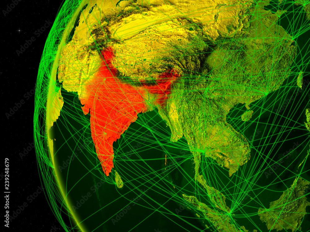 India from space on digital model of Earth with international networks. Concept of digital communication or travel.
