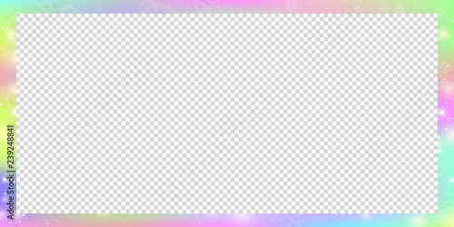 Holographic magic rectangle frame with fairy sparkles, stars and blurs.