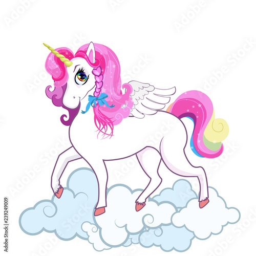 Cute white unicorn on clouds isolated on white background.