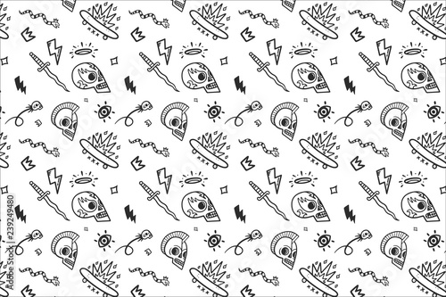 Black and white vector old school tattoos pattern on white background, doodle illustration