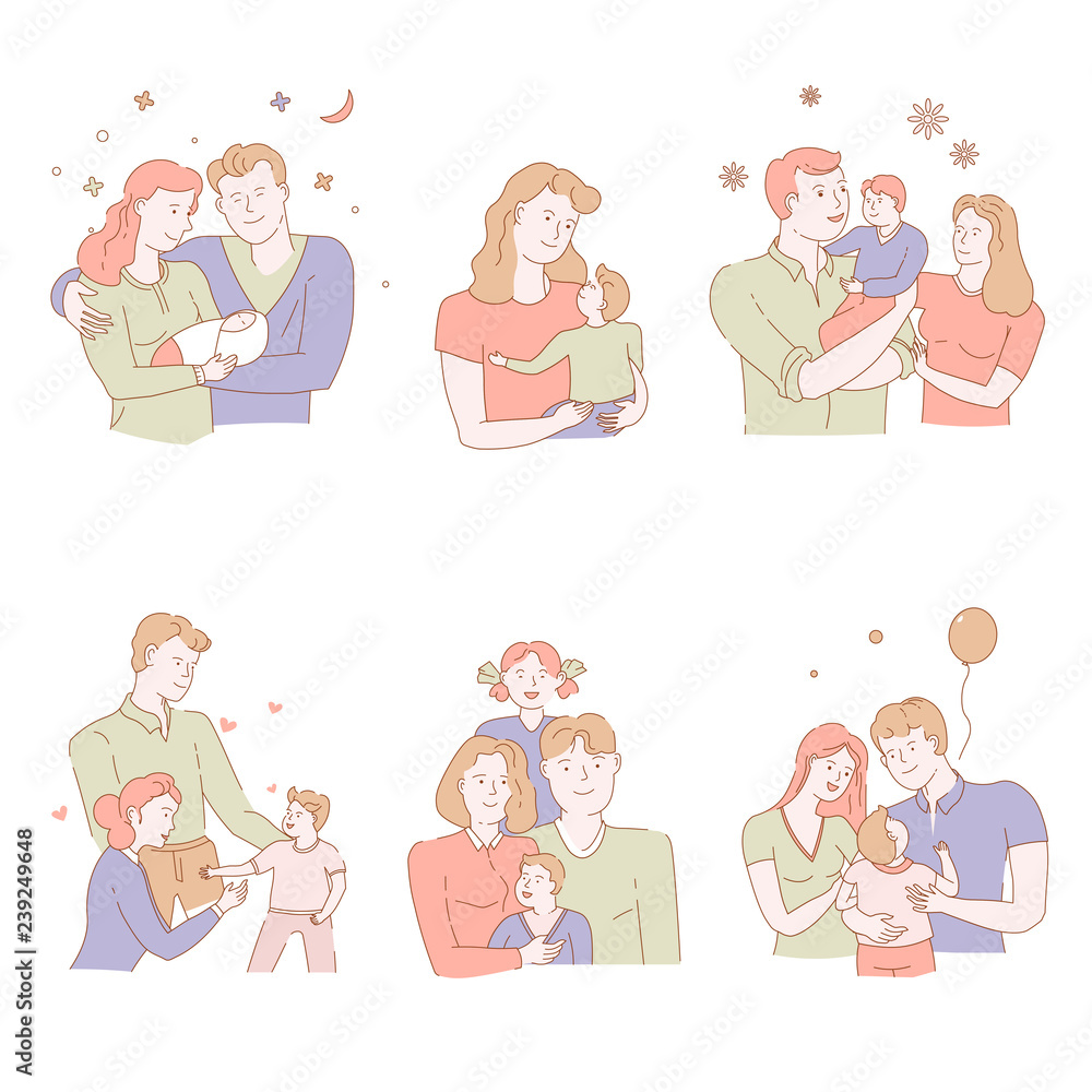 Adoption of orphan or child in family, pastel color isolated icons Adoption of orphan or child in family, pastel color isolated icons