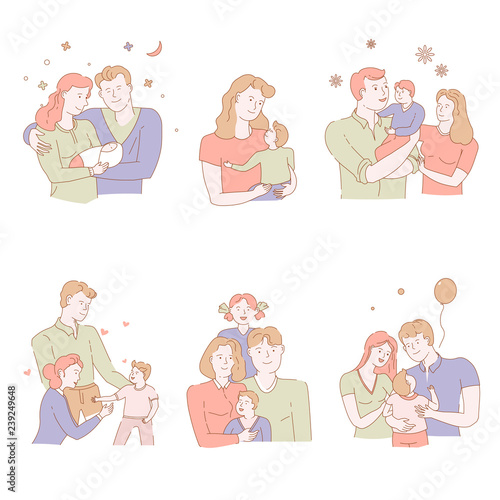 Adoption of orphan or child in family, pastel color isolated icons