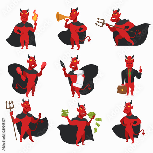 Devil in cloak with horns and tail, red skin demon isolated icons
