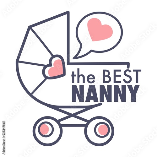 Nanny service isolated outline icon pram and heart in speech bubble