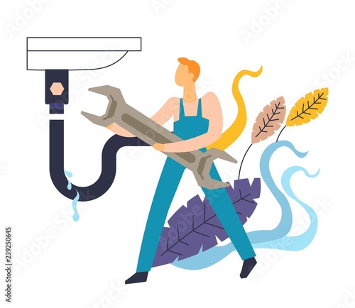 Sink leakage and plumber in overalls with wrench isolated icon abstract plants
