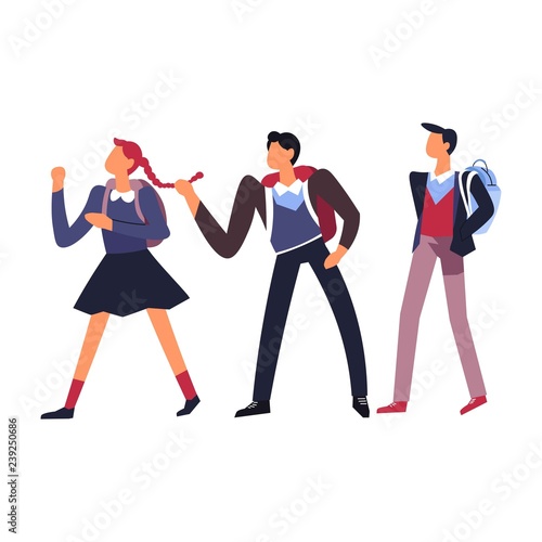 Boys teasing girl at school humiliation and bullying isolated icon