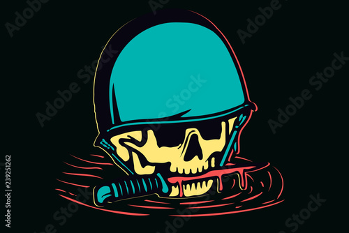 Isolated colorful skull in helmet and a knife in her teeth with blood, vector illustration design