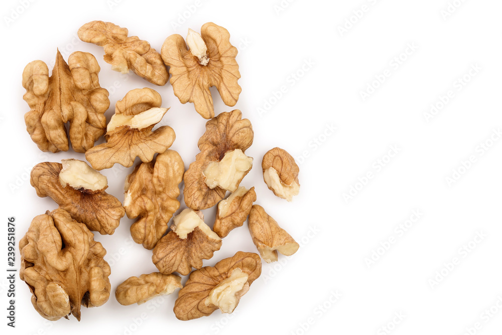 peelled Walnuts isolated on white background with copy space for your text. Top view. Flat lay peelled Walnuts isolated on white background with copy space for your text. Top view. Flat lay