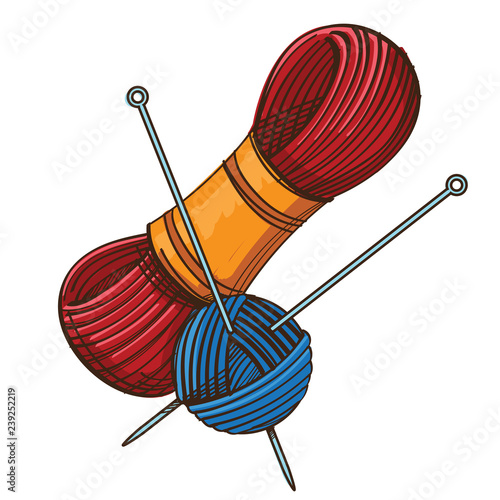 Set of knitting threads and clew with knitting needles