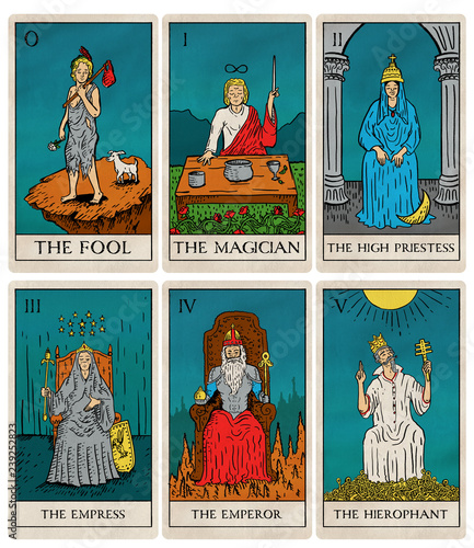 Vintage tarot deck, old style illustrations photo