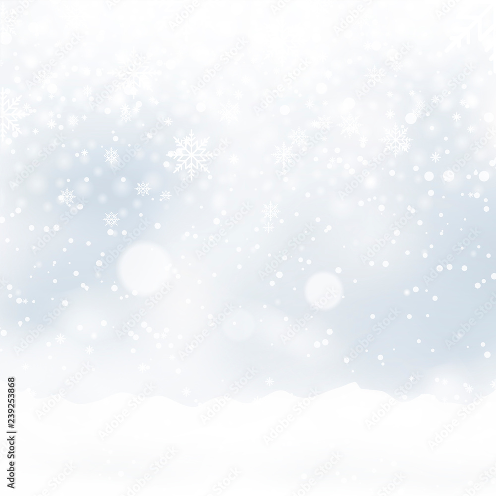 Blurred Christmas background with snowflakes and blue sky. Vector