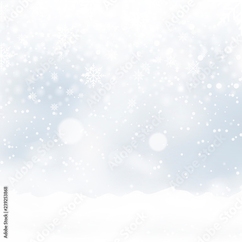 Blurred Christmas background with snowflakes and blue sky. Vector