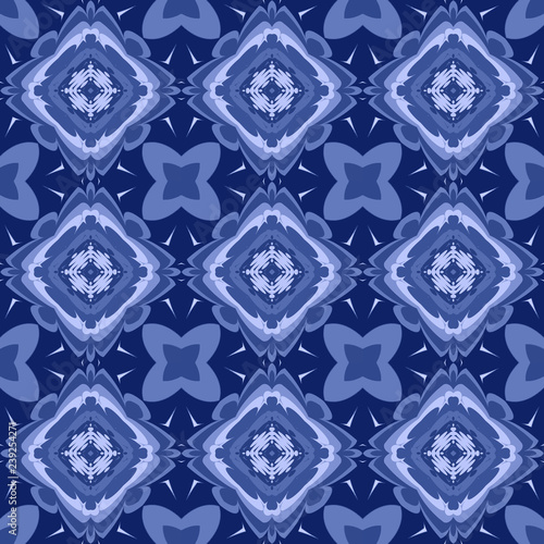 Seamless square pattern from blue geometrical abstract ornaments on a dark background. Vector illustration can be used for textiles, wallpaper and wrapping paper