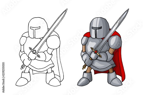 Cartoon medieval confident knight with broad sword, isolated on white background