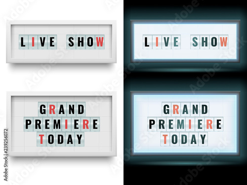 Cinema lightbox sign. Illuminated light box billboard panels or lcd screen. Vector isolated set