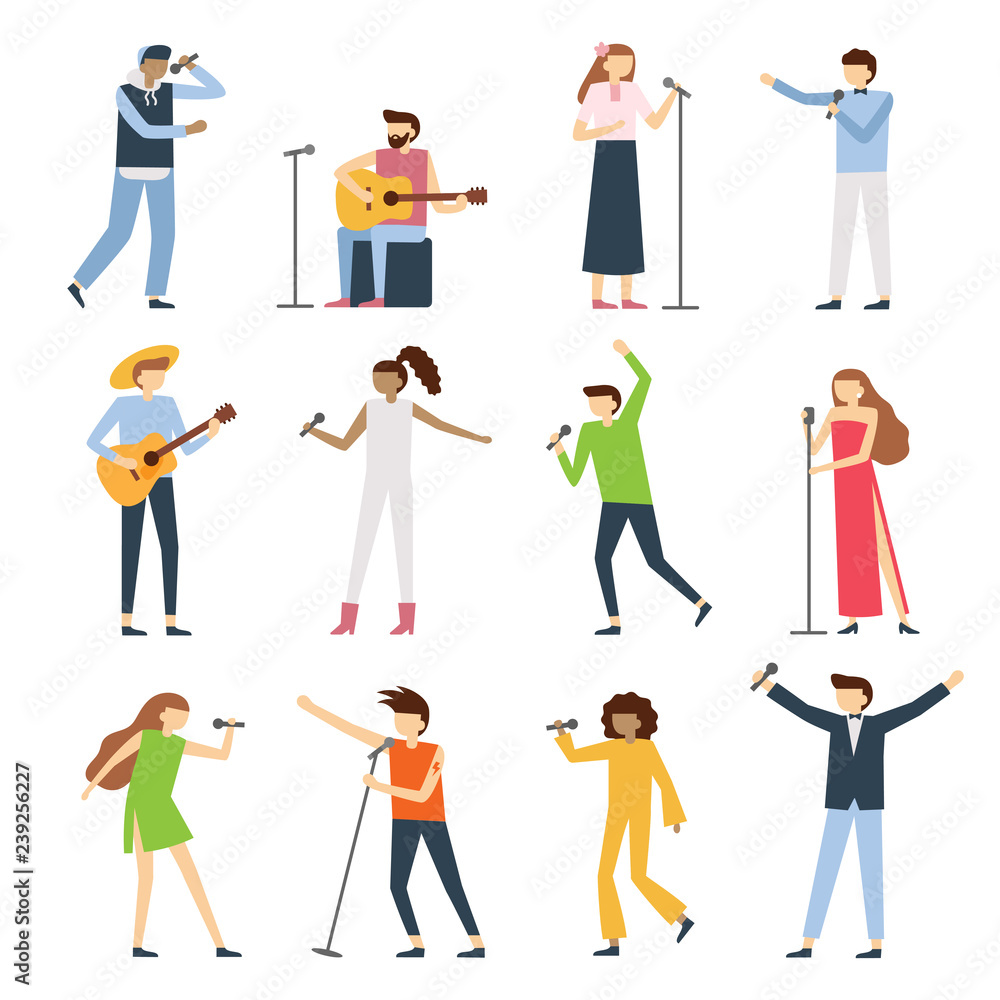 Musician singers people. Vocal singer artist, singing diva opera with mic and musicians sing song concert vector flat set