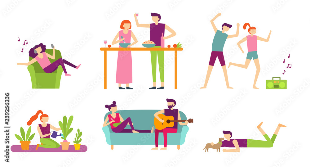 People recreation at home. Young couple spending holiday and relax, cooking and eating or listening to music. Flat vector isolated set