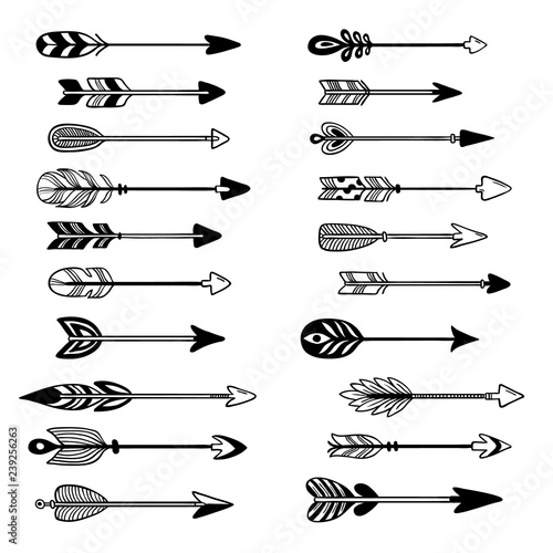 Aztec arrows. Ornament bow arrow with feather, hipster graphic pointer and tribal arrowhead hand drawn vector set