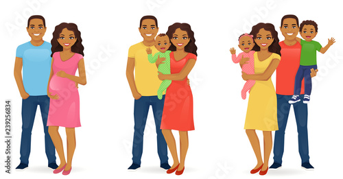 Set of family stages of development. Husband with pregnant wife. Parents with newborn baby. Mother and father with daughter and son. Vector illustration.