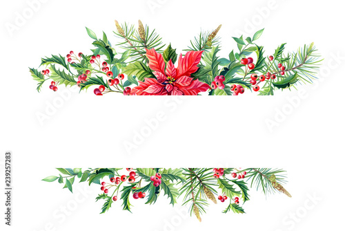 Watercolor Merry Christmas Frame banner with poinsettia