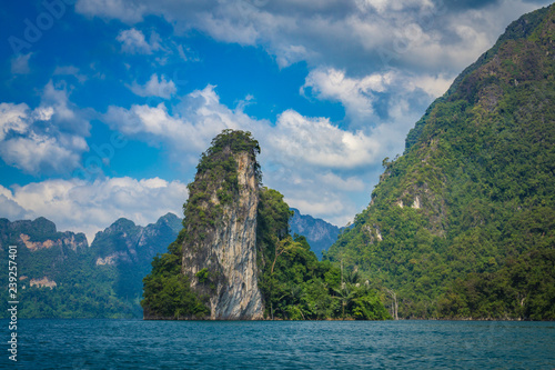 Panoramic view to landscape with mountains and Cheow lan lake natural attractions in Khao Sok National Park, Surat Thani Province, Thailand. © DARIO
