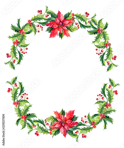 Watercolor Merry Christmas Frame with Red poinsettia flowers,Holly,leaves,berries,pine,spruce,green twigs on white
