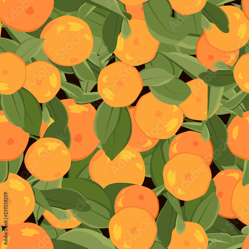 Orange mandarin tangerine with green leaves on black background. Seamless pattern texture. Ripe juicy exotic citrus fruit harvest. Organic bio food vitamin source. Vector design illustration.