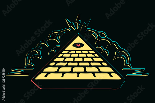 Isolated colorful masons pyramid with red eye vector illustration, Eye of Providence. Masonic symbol. All seeing eye inside triangle pyramid. New World Order. Hand-drawn alchemy, religion, spiritualit photo