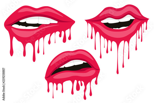 Vector illustration with parted lips. Sexy woman lips. Dripping with red paint lips. Red drops on white background