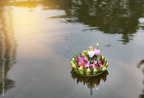 Photography Loy Krathong festival, Krathong floating in pond for forgiveness Goddess Ganges to celebrate festival in Thailand