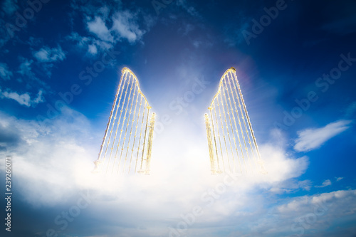 Photo gold heavens gate in the sky / 3D illustration