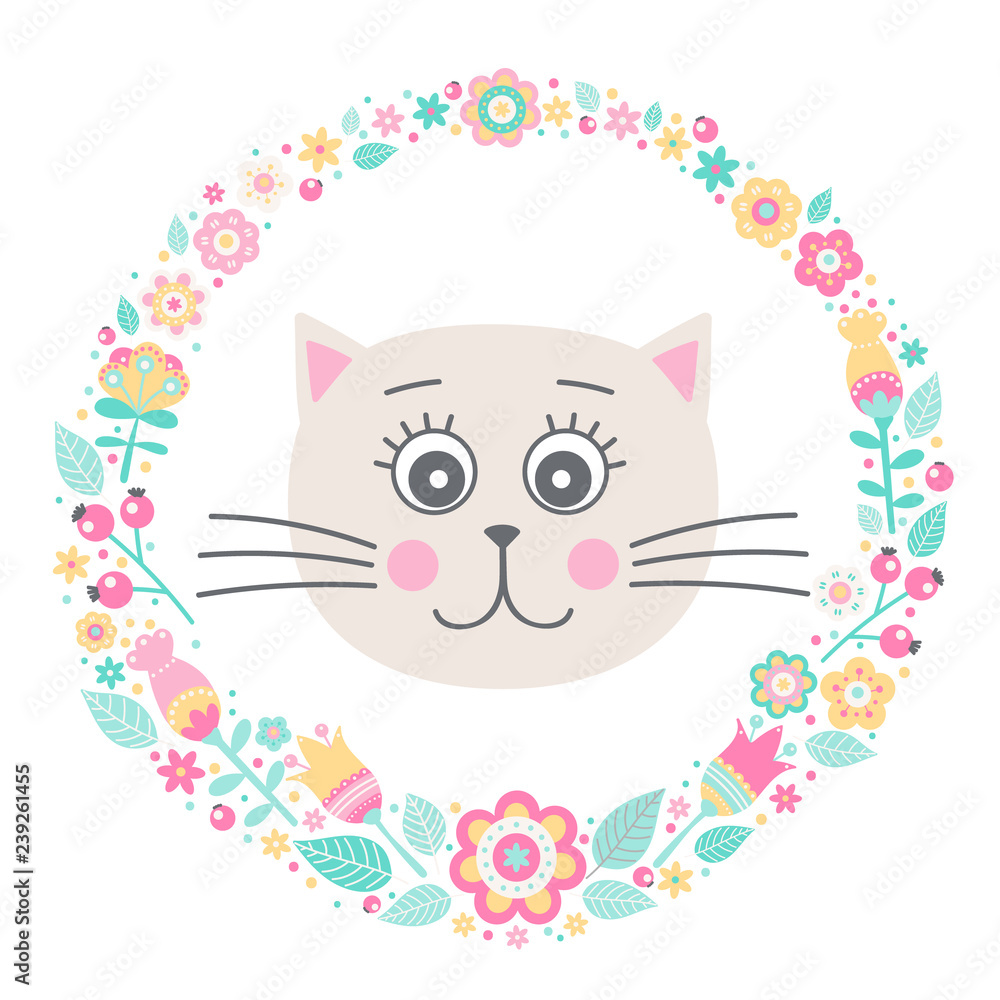Cute cat. Vector card with hand drawn kitten face and floral wreath. Pastel colors - yellow, pink, white, green. Illustration in flat style. Isolated. On white background.