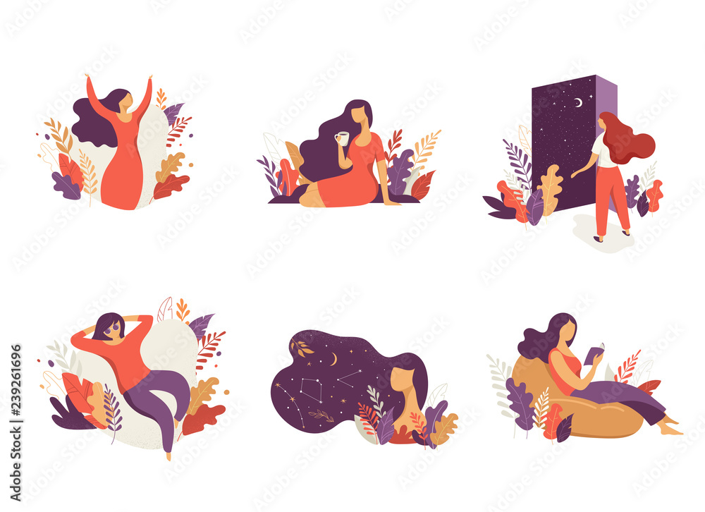 Fototapeta premium Feminine concept illustration, beautiful women, different situations. Characters decorated with flowers and leaves.