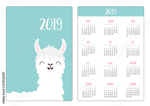 Alpaca llama smiling tooth. Simple pocket calendar layout 2019 new year. Week starts Sunday. Vertical orientation. Cute cartoon kawaii funny baby character. Flat design. Blue background.