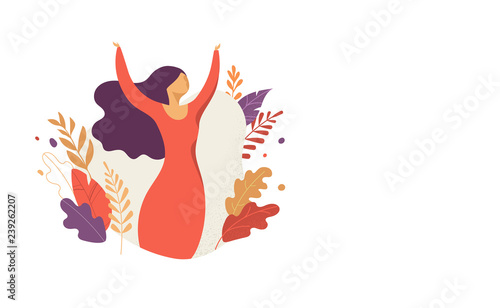 Feminine concept illustration, beautiful woman. Character decorated with flowers and leaves.
