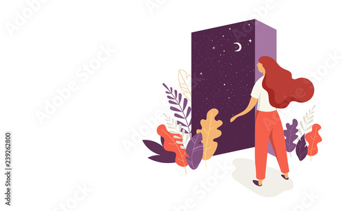 Feminine concept illustration, beautiful woman opens the door with a night sky view. Character decorated with flowers and leaves.