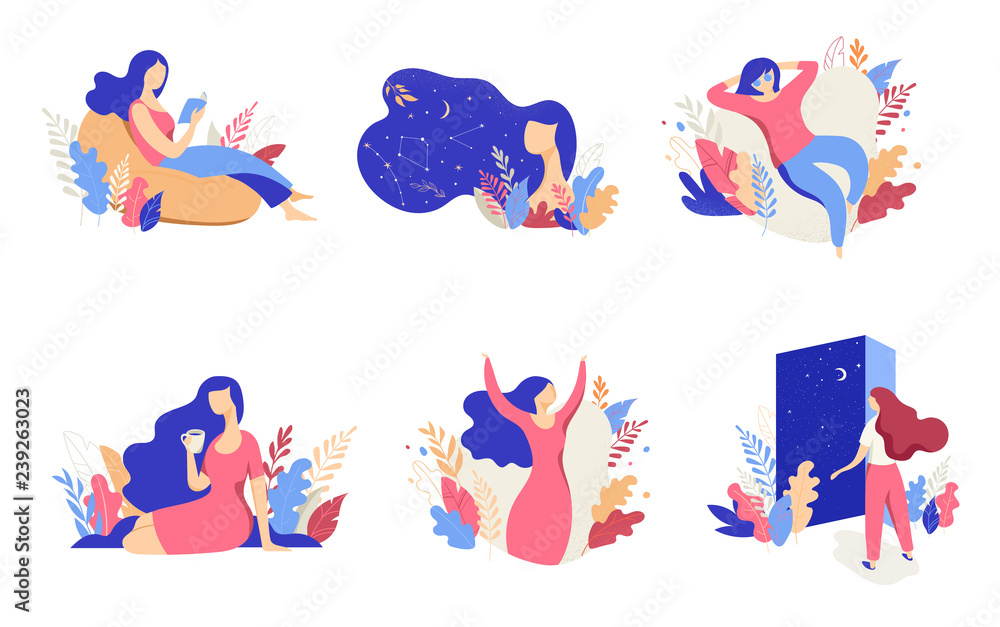 Feminine concept illustration, beautiful women, different situations. Characters decorated with flowers and leaves.